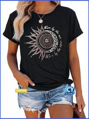 Cotton Blend Short Sleeve Graphic Tee Loose Fit Casual Top